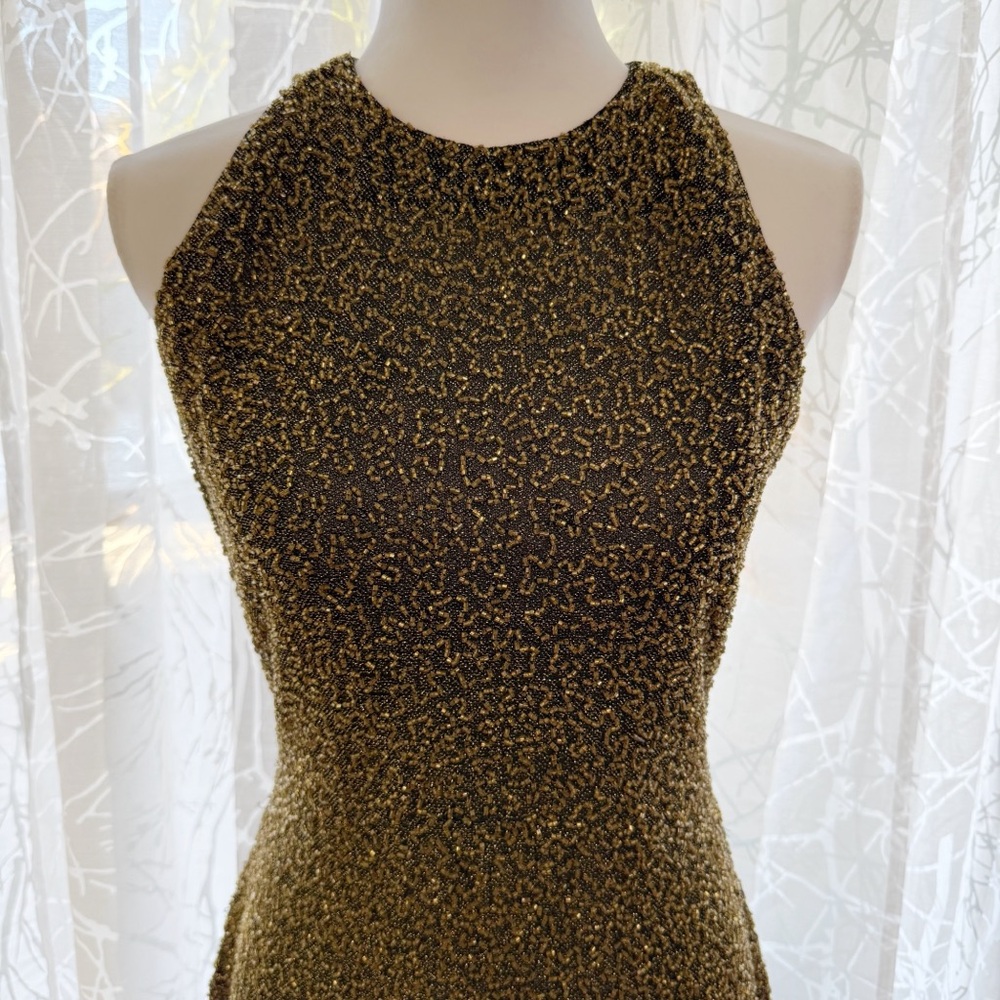 VINTAGE BLACK TIE OLEG CASSINI GOLD BEADED SLEEVELESS MIDI GOWN - Picture 5 of 16